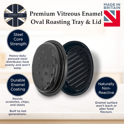 32.5cm Vitreous Enamel Roasting Tray With Lid – Oval – Great British Bakeware - Premium Kitchen from Chabrias Ltd - Just £23.99! Shop now at Chabrias Ltd