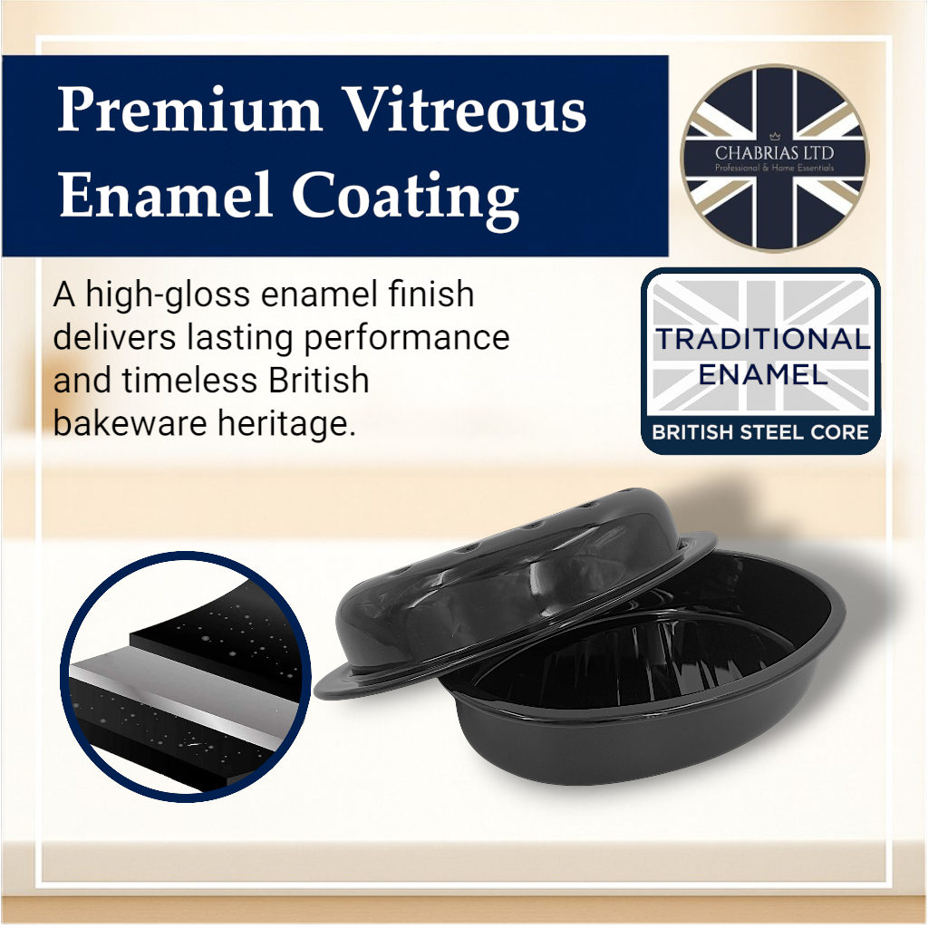 32.5cm Vitreous Enamel Roasting Tray With Lid – Oval – Great British Bakeware - Premium Kitchen from Chabrias Ltd - Just £23.99! Shop now at Chabrias Ltd