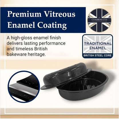 32.5cm Vitreous Enamel Roasting Tray With Lid – Oval – Great British Bakeware - Premium Kitchen from Chabrias Ltd - Just £23.99! Shop now at Chabrias Ltd