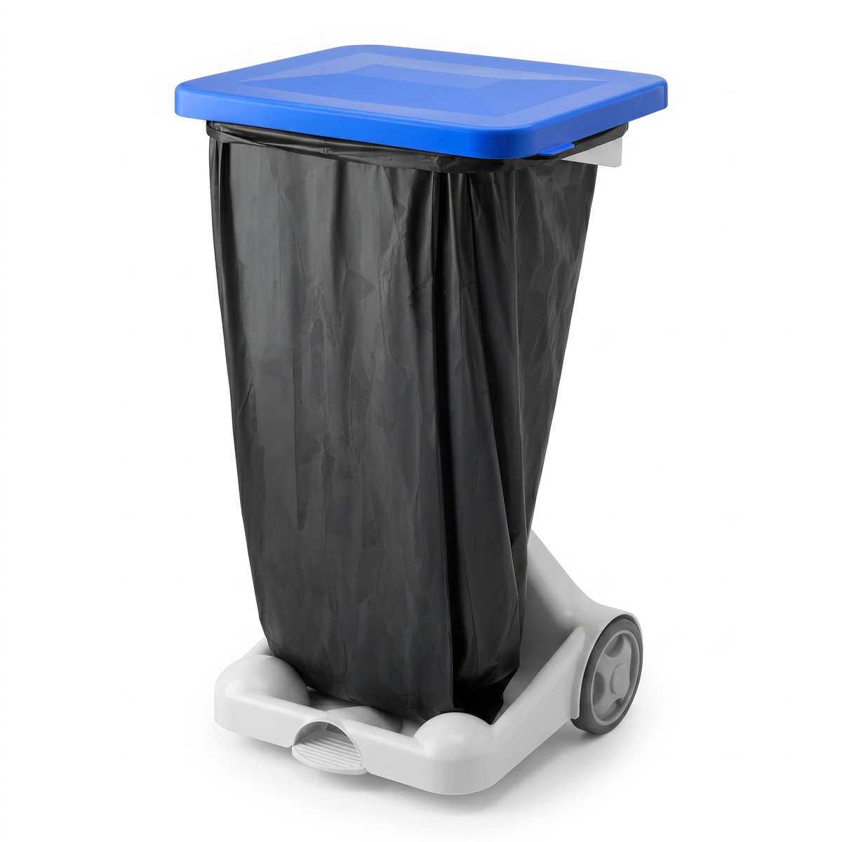 Blue-lid paper waste sack holder with hands-free foot pedal