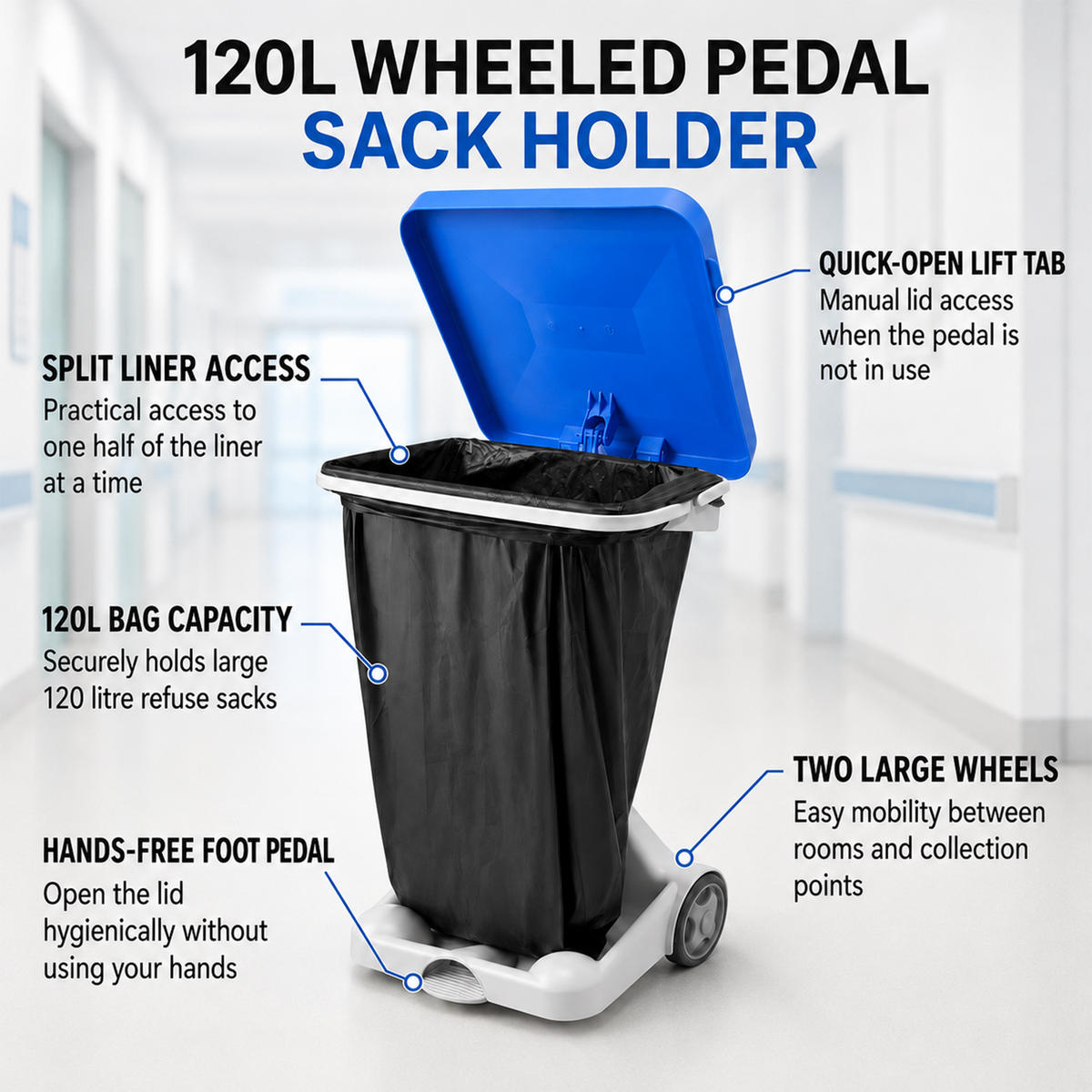 Hands-Free Paper & Card Recycling Bin Sack Holder with Pedal, White Base & Blue Lid