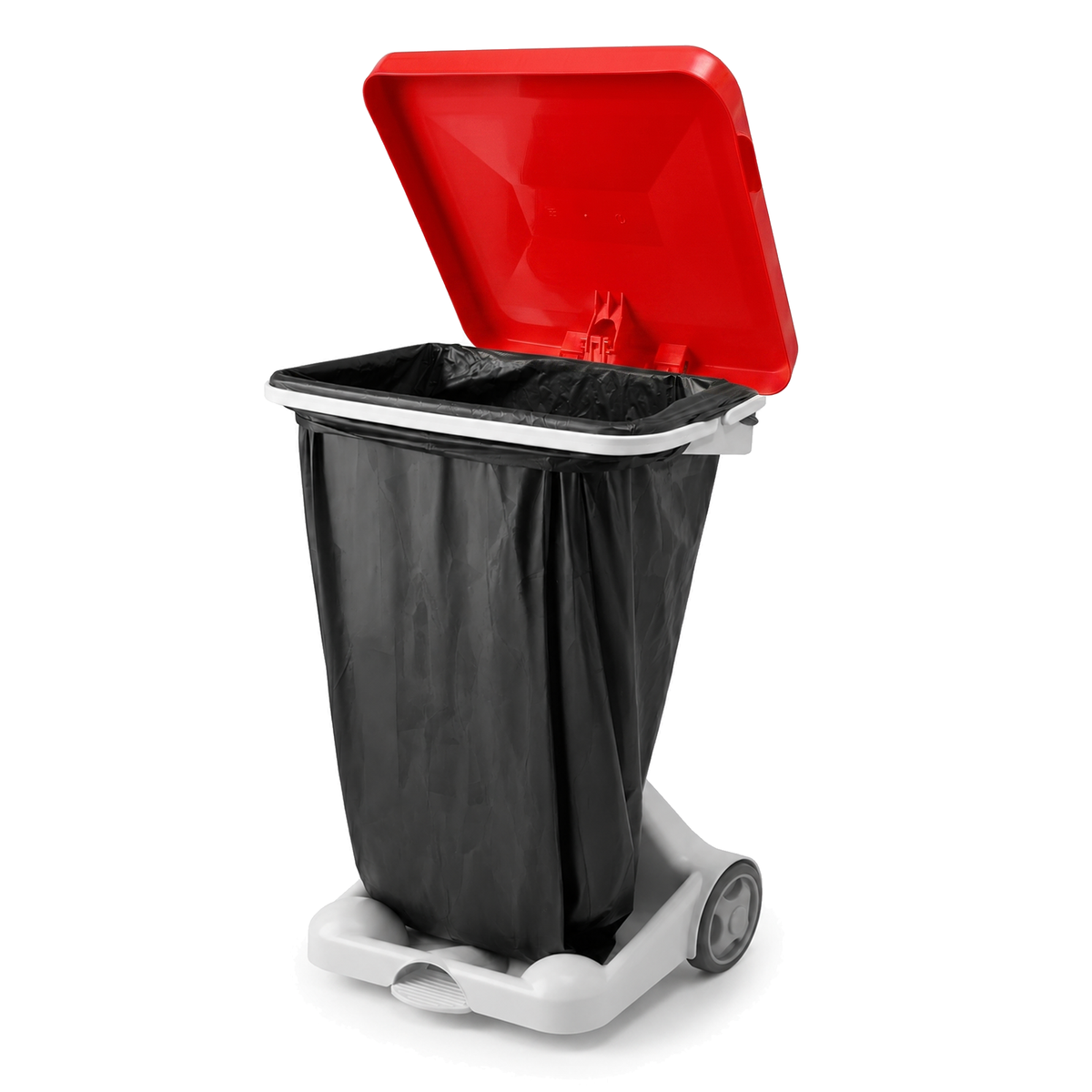 Solo commercial recycling bin with red lid and two wheels