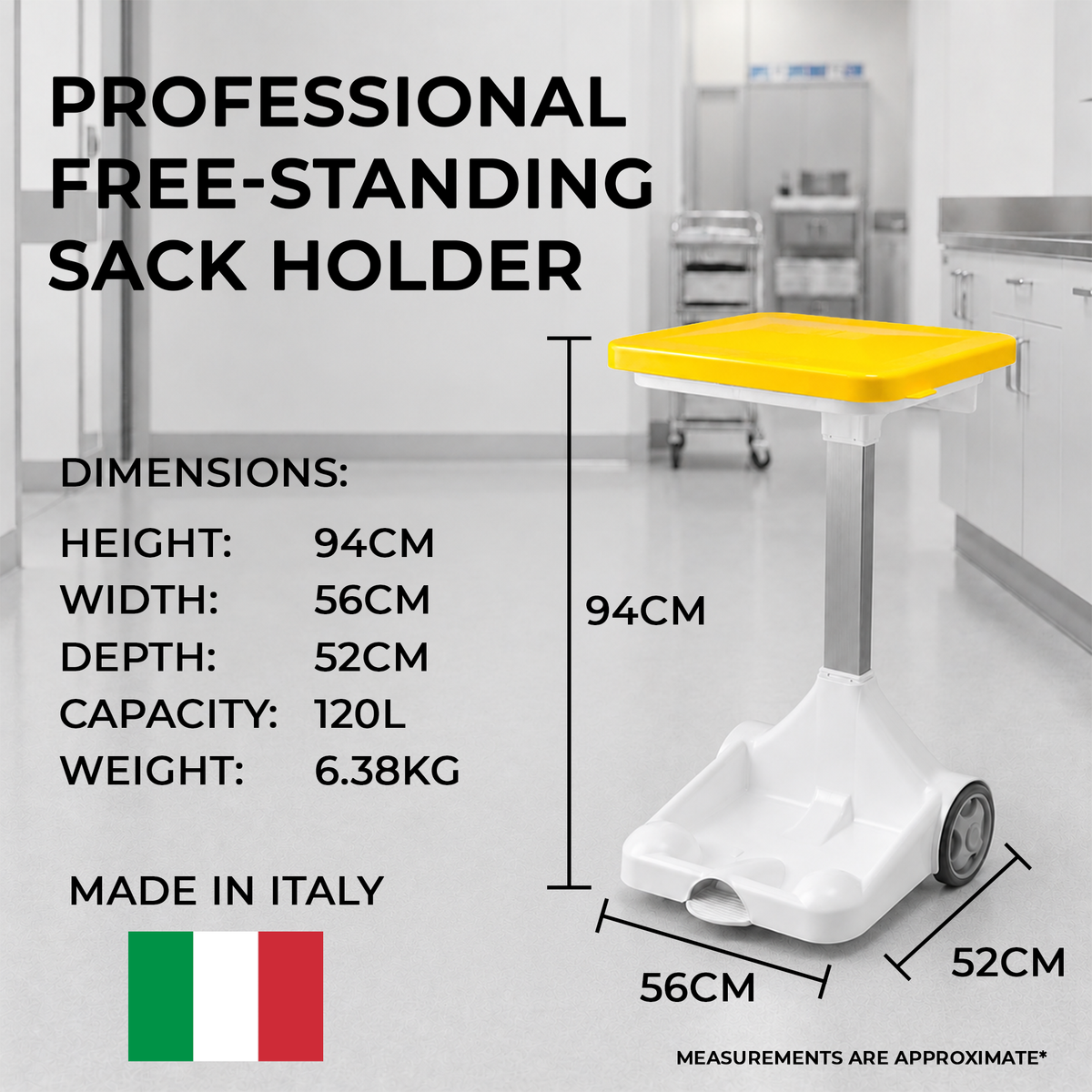 Hands-Free Clinical Waste Bin Sack Holder with Pedal, Wheels & Yellow Lid