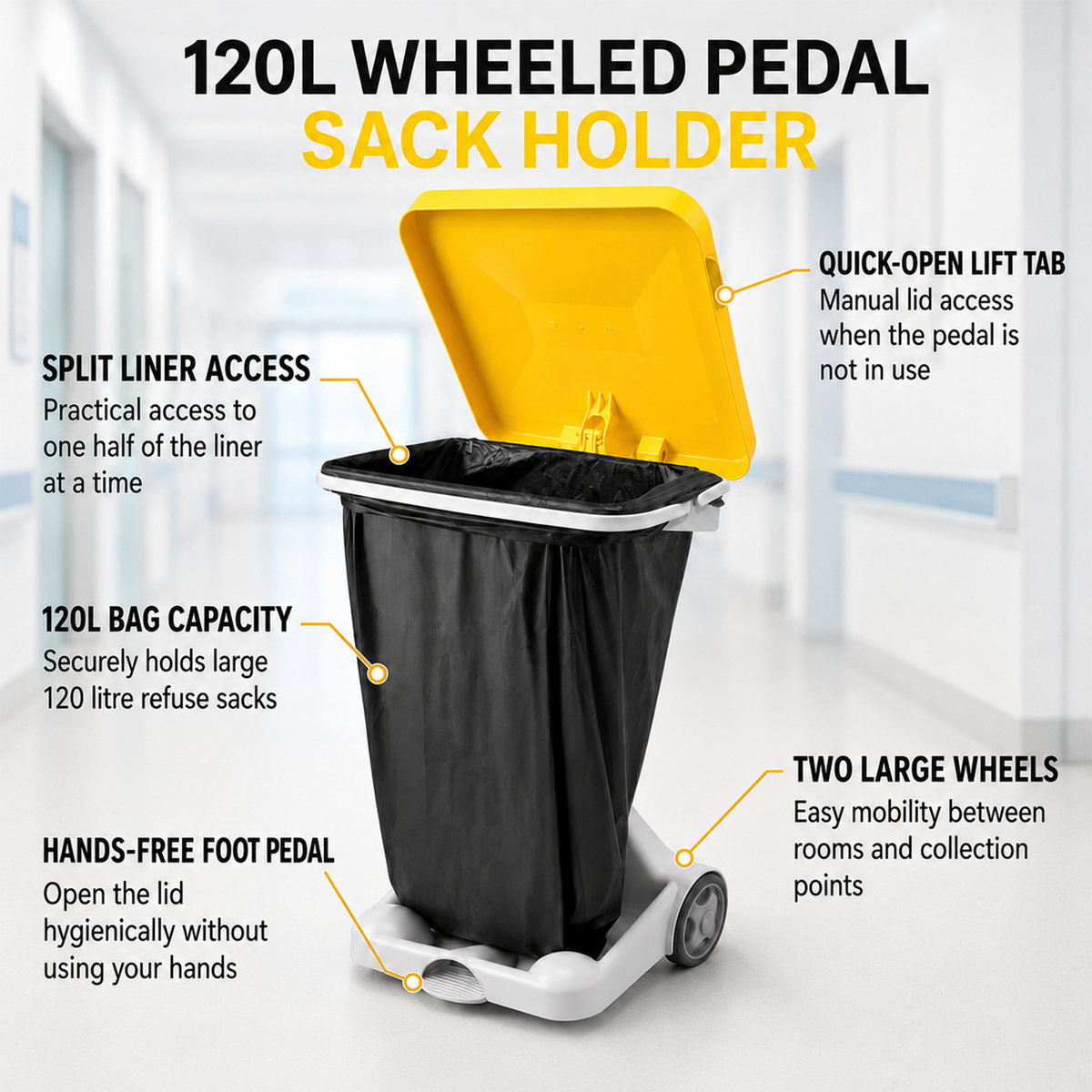 Hands-Free Clinical Waste Bin Sack Holder with Pedal, Wheels & Yellow Lid
