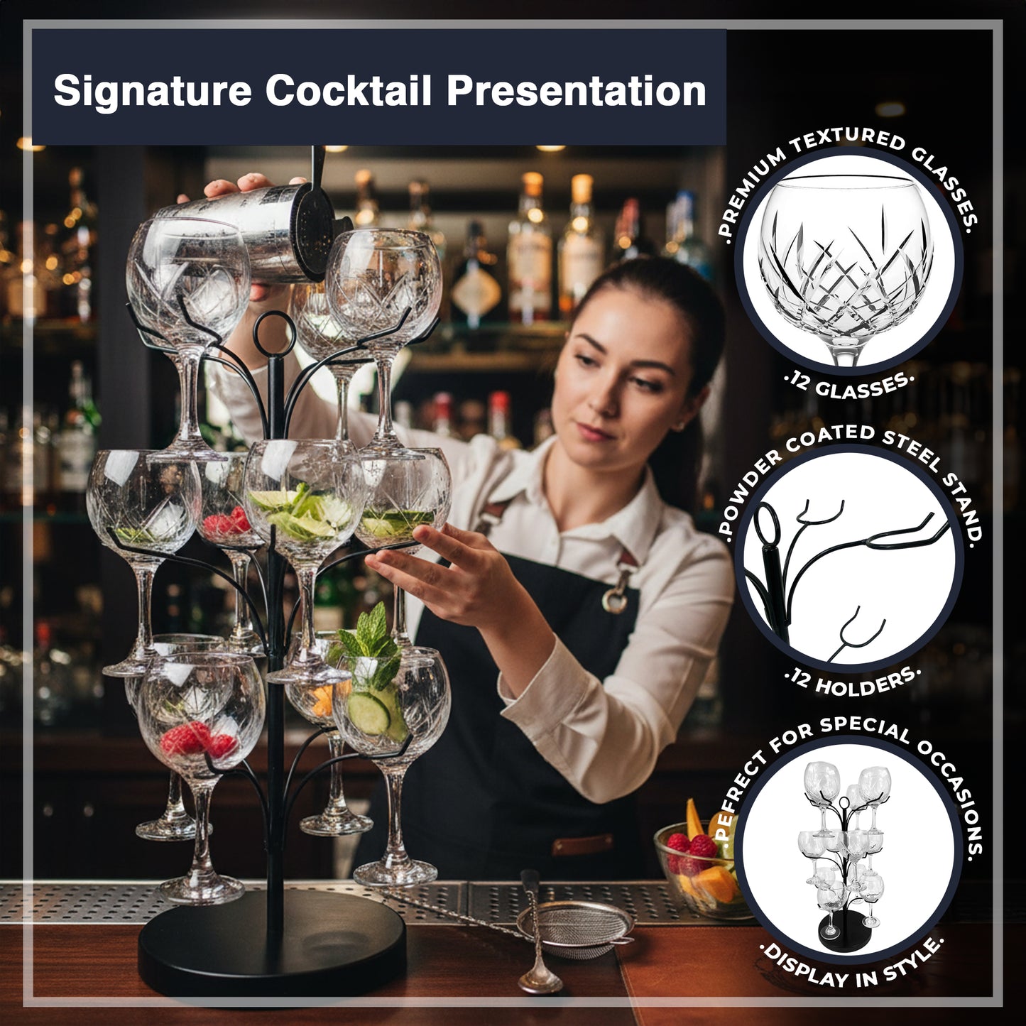 Luxury Barware Cocktail Tree Stand Set with 12 Gin Glasses for Home Bars & Events - Premium Barware from Chabrias Ltd - Just £125.99! Shop now at Chabrias Ltd