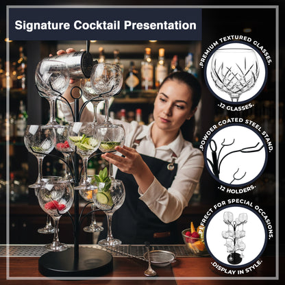 Luxury Barware Cocktail Tree Stand Set with 12 Gin Glasses for Home Bars & Events - Premium Barware from Chabrias Ltd - Just £125.99! Shop now at Chabrias Ltd