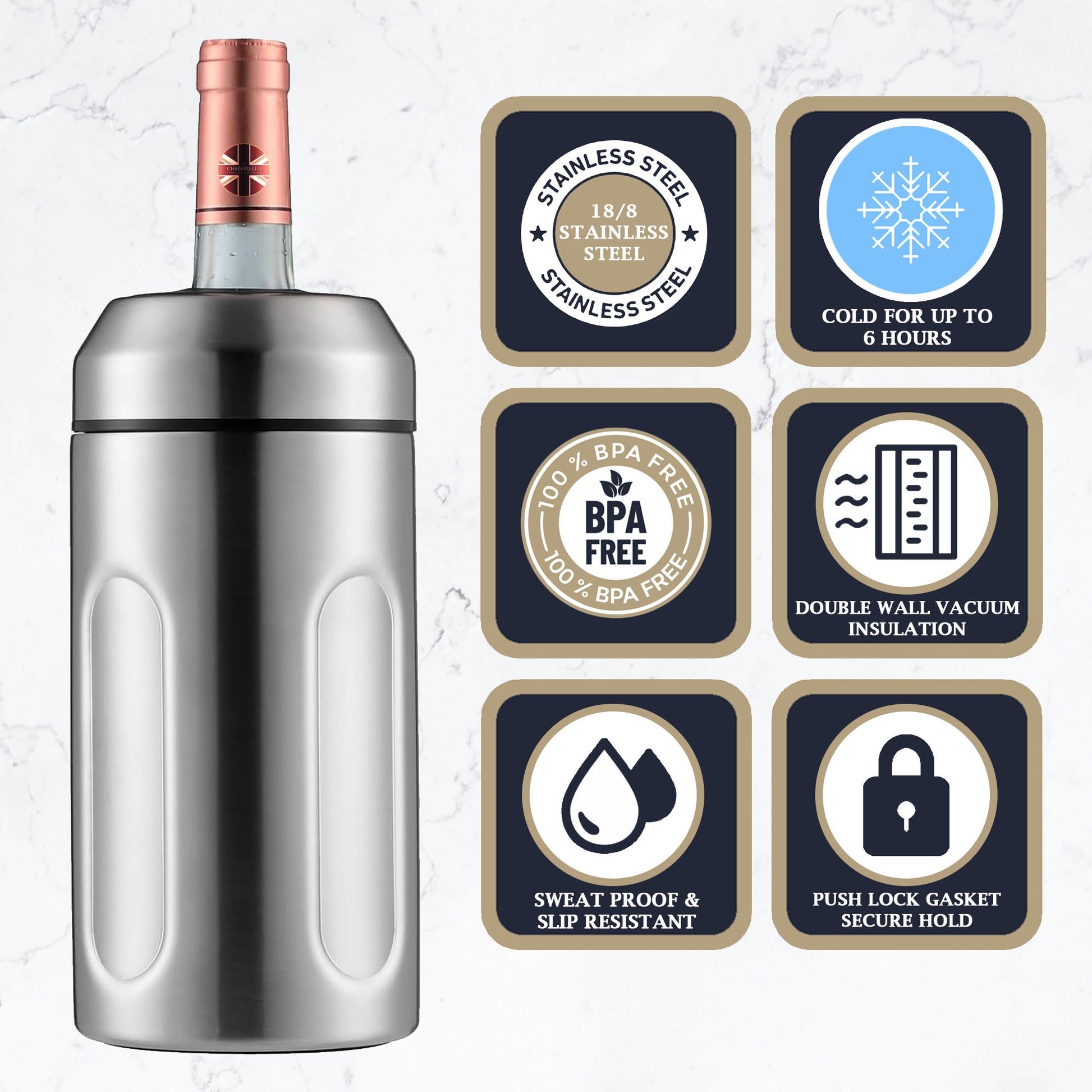 Chabrias Ltd Premium Iceless Wine Cooler | Keeps Wine Cold Up to 6 Hours | New Wine Accessory | Fits Champagne Bottles | Perfect Gift for Wine Lovers - Premium Kitchen from Chabrias Ltd - Just £22.99! Shop now at Chabrias Ltd