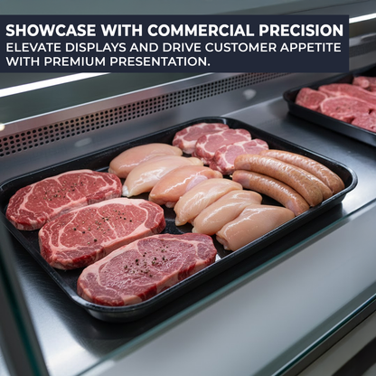 Durable BPA-free black trays for butcher counters