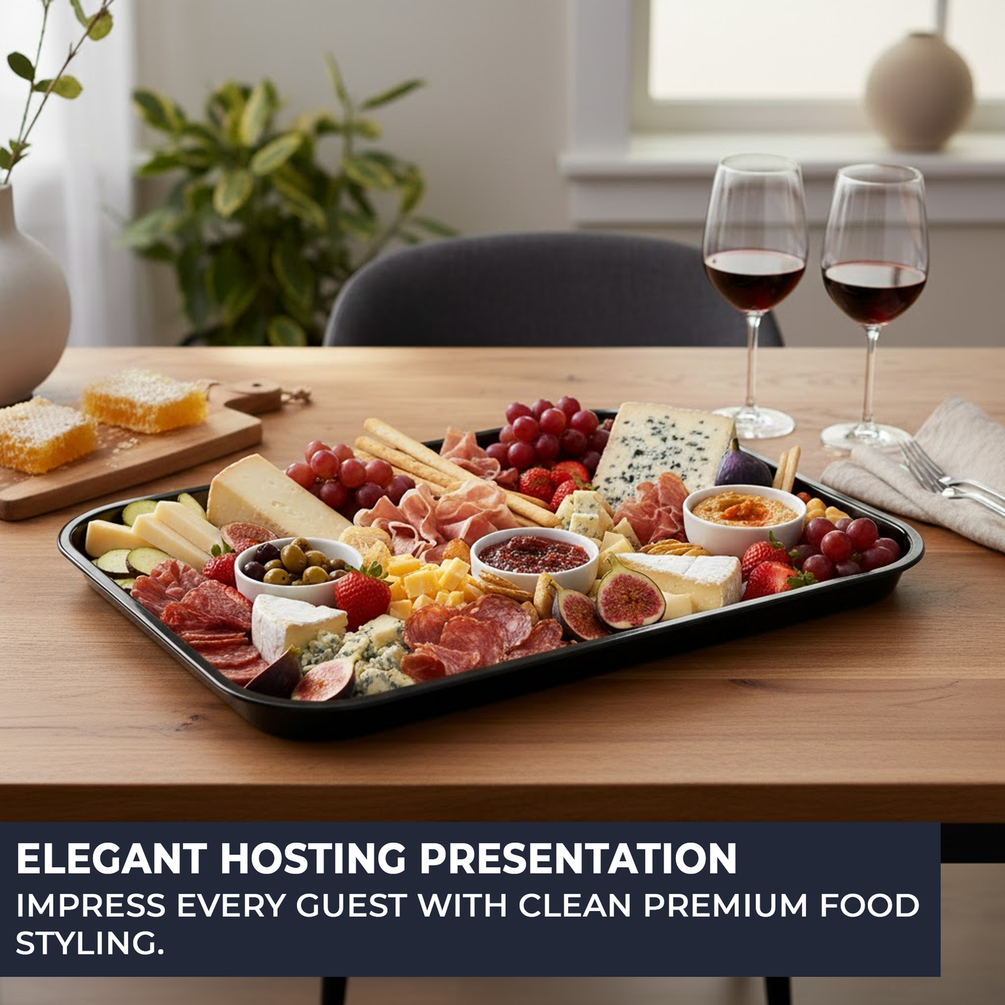 Black high-contrast tray for showcasing meats and pastries