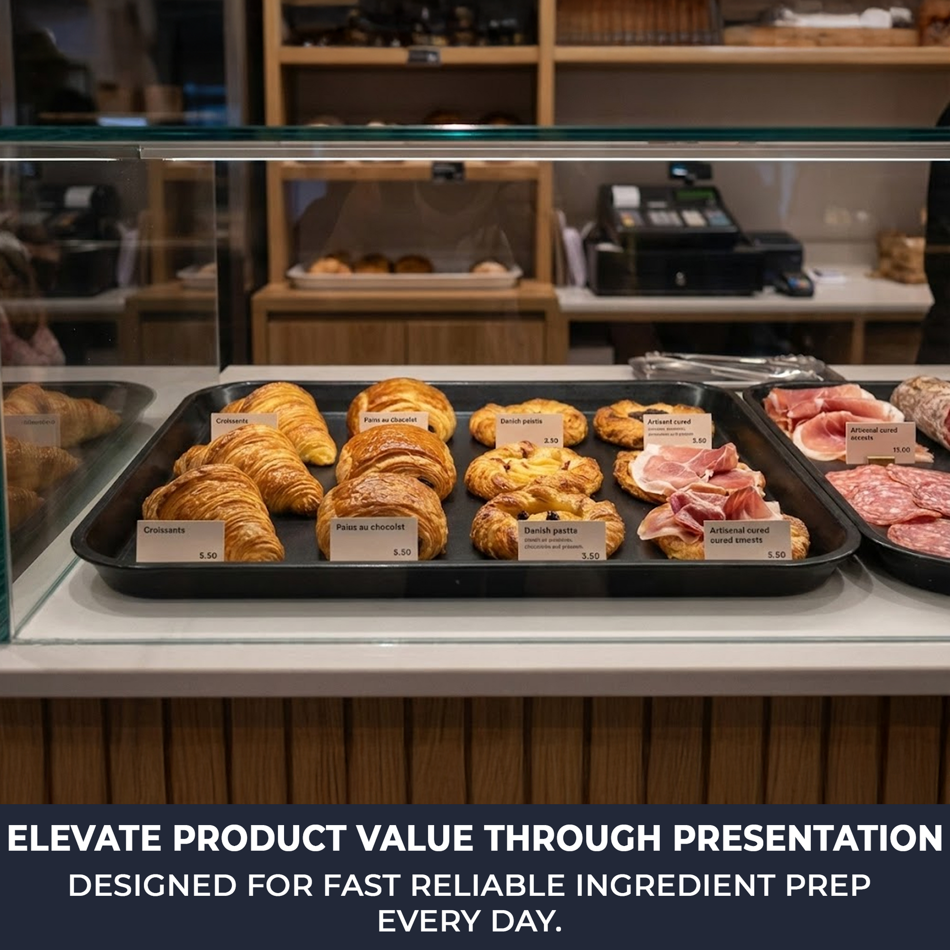 Premium black commercial food presentation tray