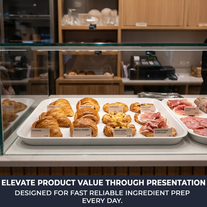 High-gloss white plastic bakery display tray