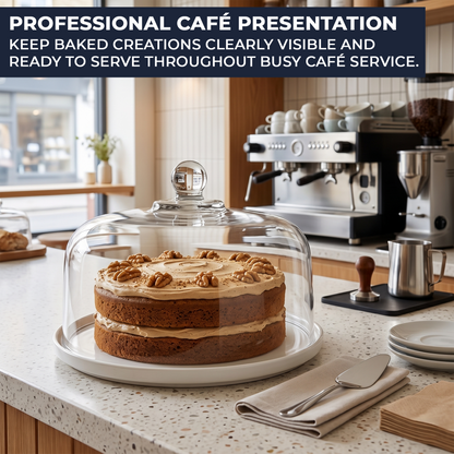 Professional glass cake dome displaying coffee and walnut cake on an independent café counter