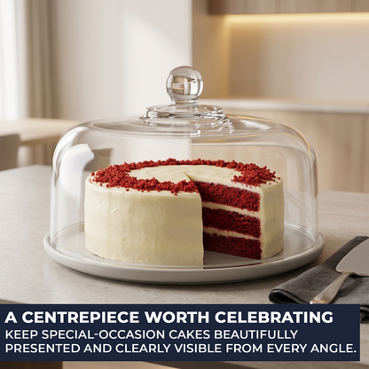 Anchor Hocking cake dome presenting red velvet cake for birthdays and celebrations