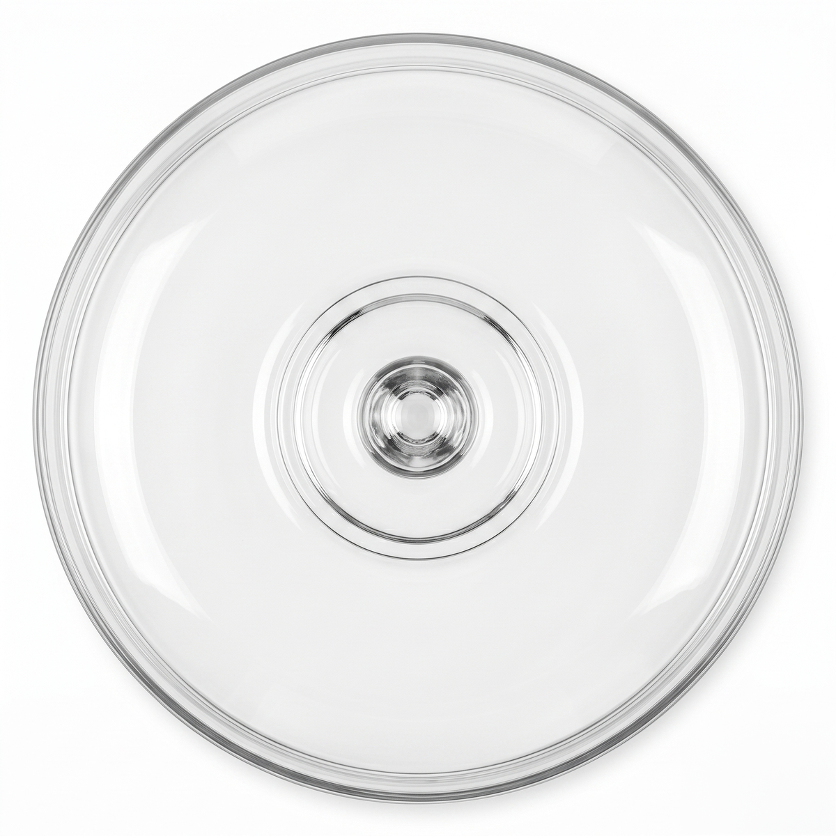 Four large clear glass cake dome covers with solid spherical knobs and substantial rims