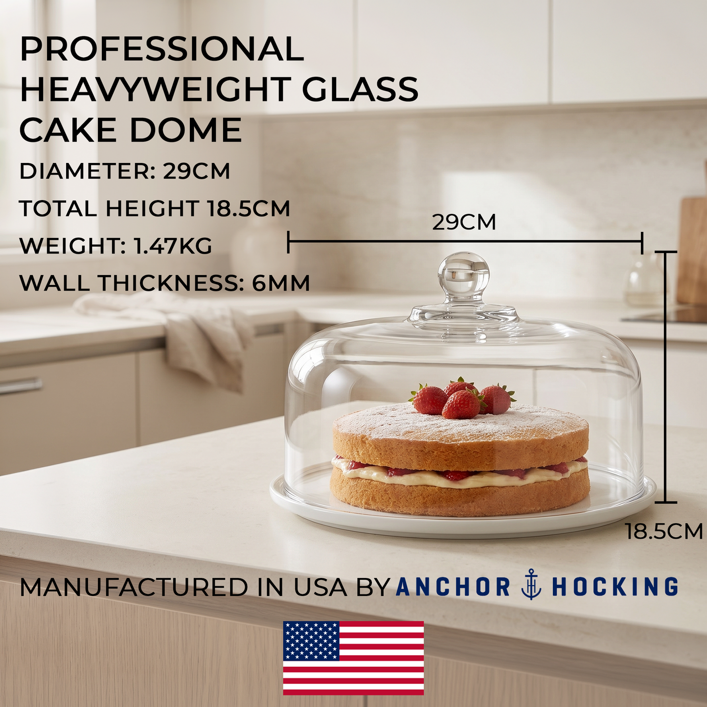 Anchor Hocking heavyweight glass cake dome displaying a chocolate cake in a modern kitchen