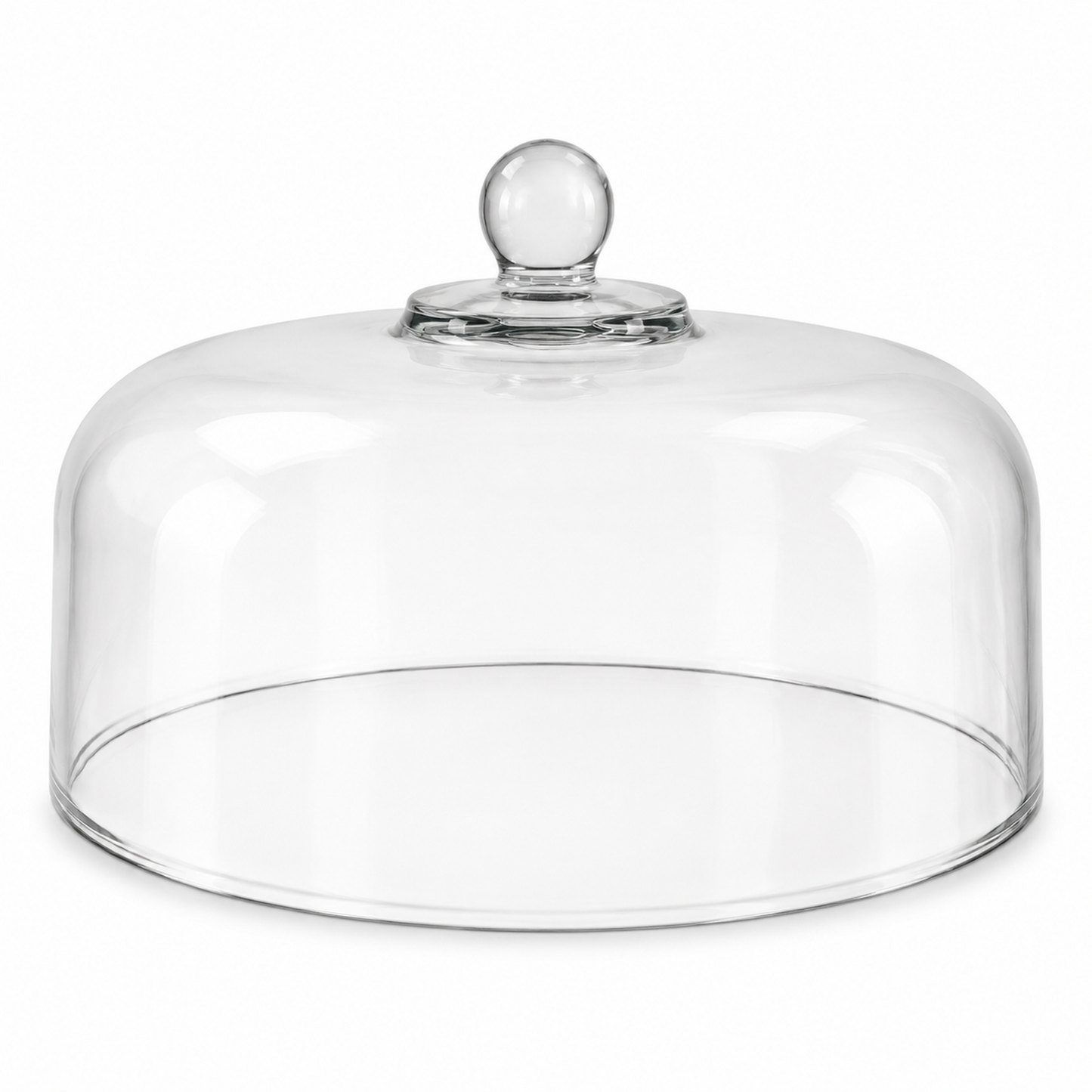 Aerial view of round Anchor Hocking clear glass cake dome and reinforced glass crown