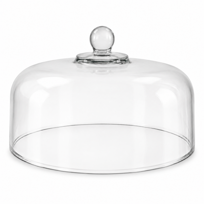 Aerial view of round Anchor Hocking clear glass cake dome and reinforced glass crown