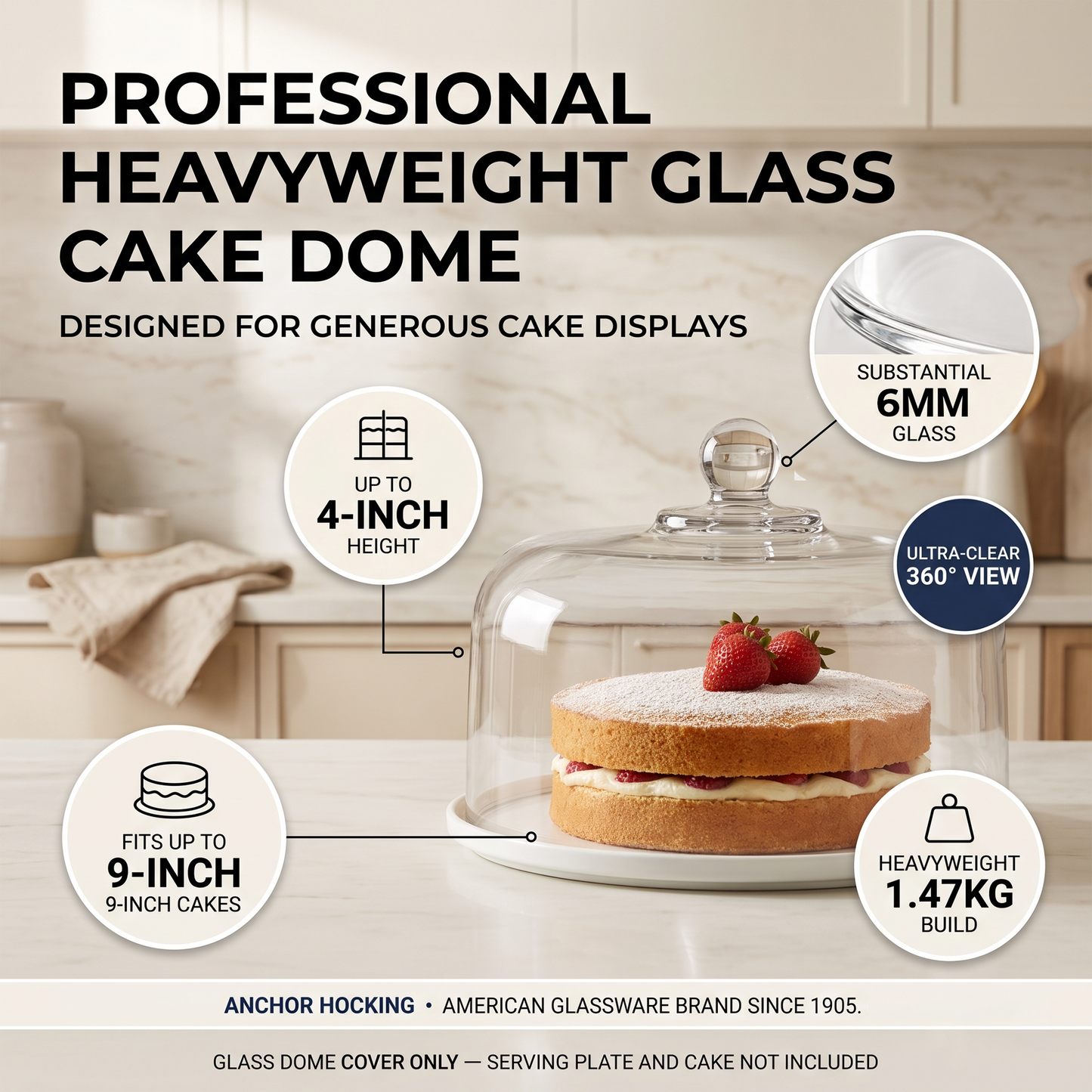 Clear 29cm glass cake cloche covering an afternoon-tea cake on a porcelain serving plate