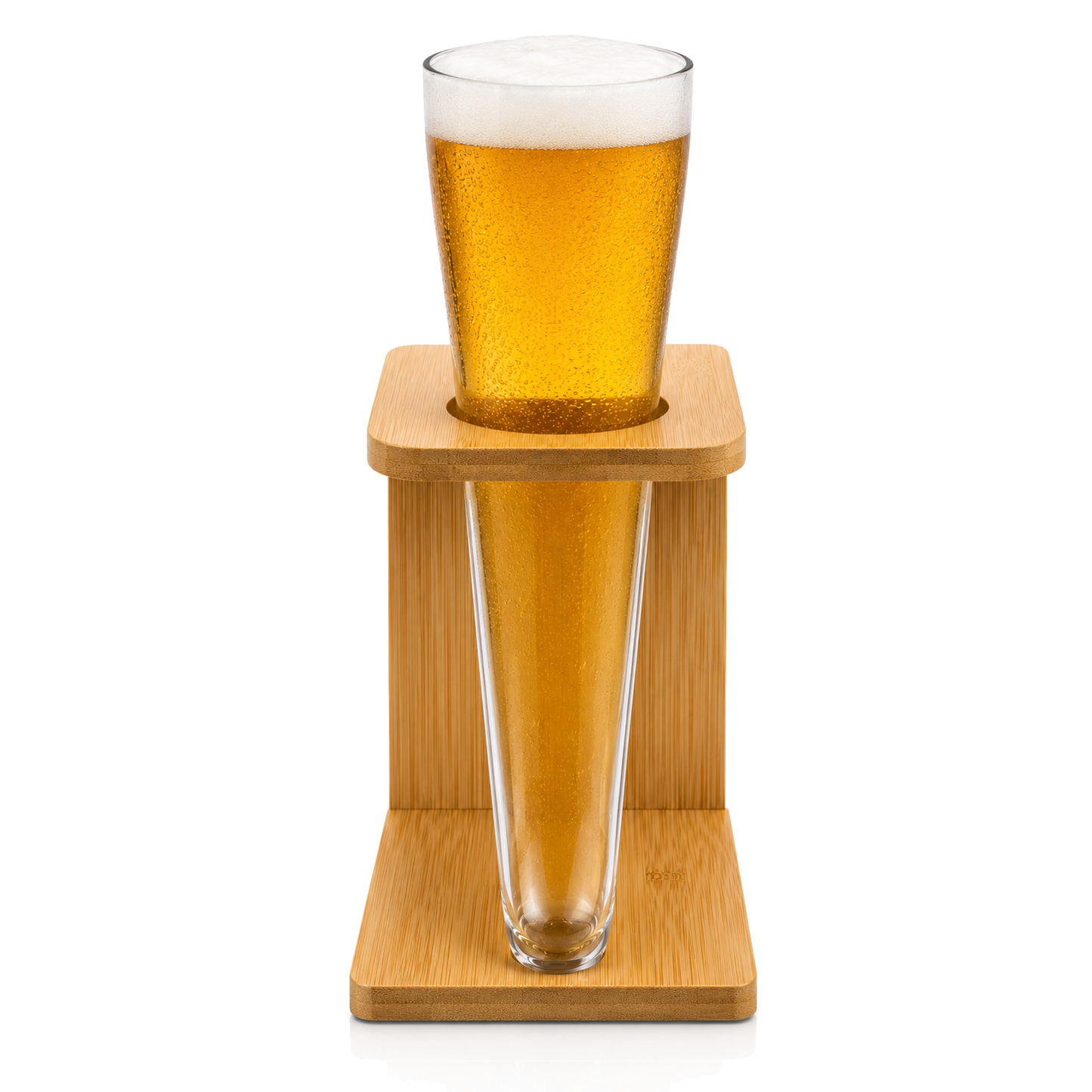 Clear glass Viking horn cup with decorative pine wood base