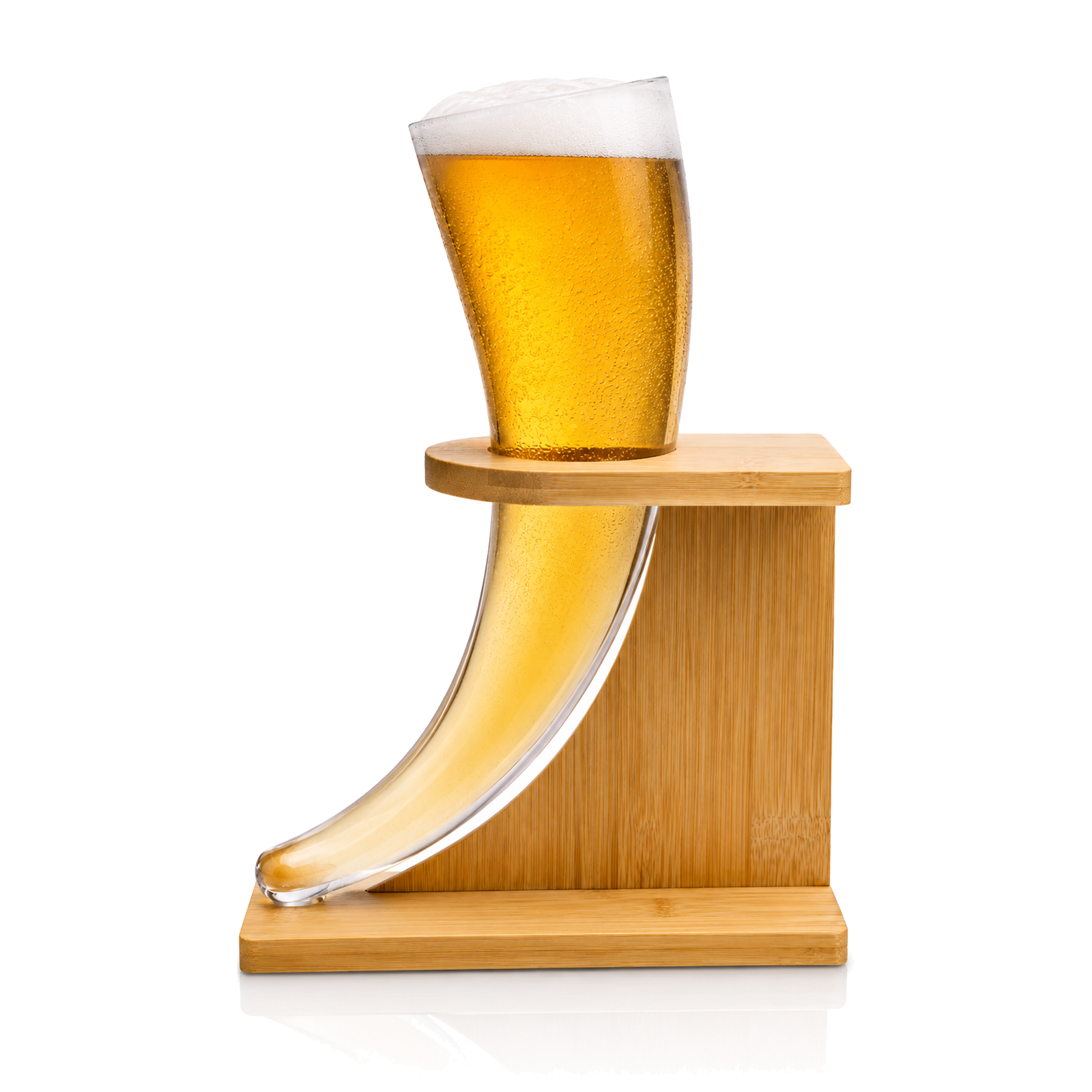 Norse style drinking horn glass displayed on wooden stand