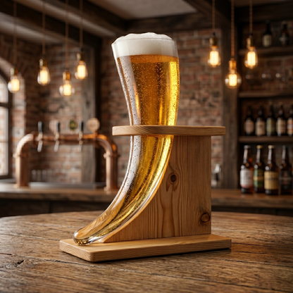 Unique Viking themed glassware with pine wood stand for display