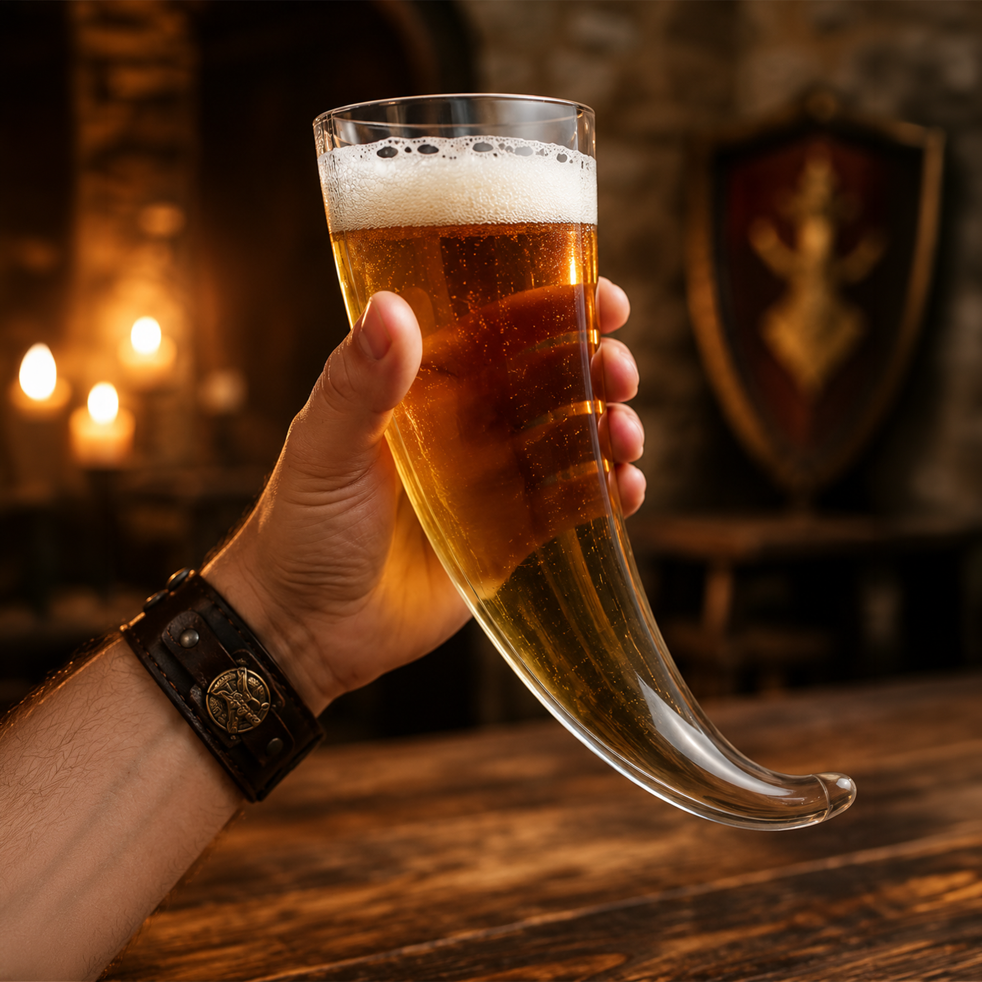 Viking drinking vessel with wooden display stand for home bars