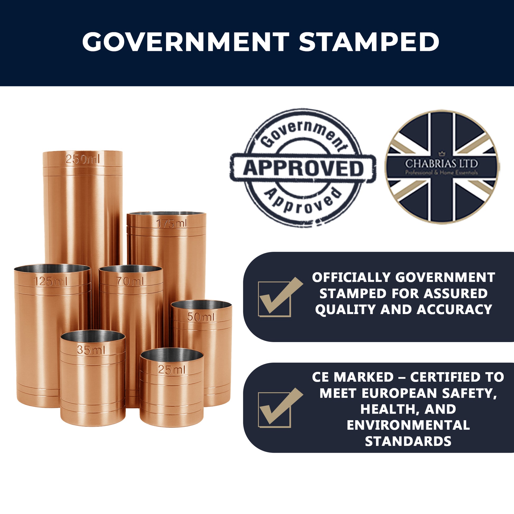 Stainless Steel Copper Plated 7 Piece Set Thimble Measure Government Stamped - Premium Kitchen from Chabrias Ltd - Just £29.99! Shop now at Chabrias Ltd