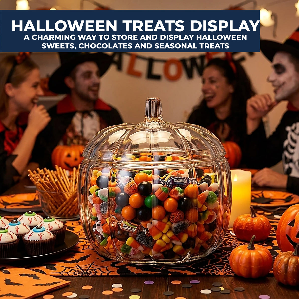 2L Clear Glass Pumpkin Jar with Lid  Halloween Sweet & Biscuit Jar