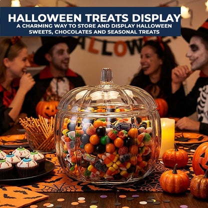 2L Clear Glass Pumpkin Jar with Lid  Halloween Sweet & Biscuit Jar