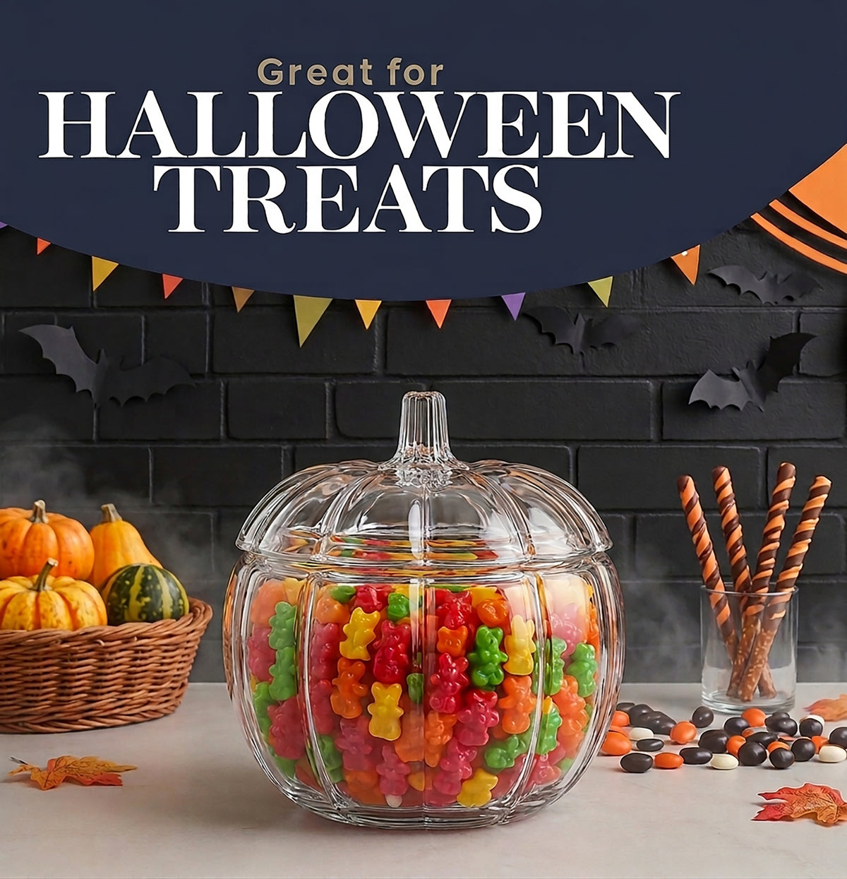 2L Clear Glass Pumpkin Jar with Lid  Halloween Sweet & Biscuit Jar