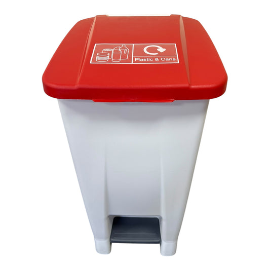 Plastic Sack Holder, White Body With Red Lid, Plastic & Cans Sticker Included, 60L - Premium Recycling Bin from Chabrias Ltd - Just £64.99! Shop now at Chabrias Ltd