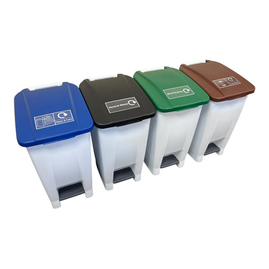 Set of 4, Plastic White Bodied Sack Holder With Coloured Lids, Stickers Included, 60L - Premium Recycling Bin from Chabrias Ltd - Just £239.99! Shop now at Chabrias Ltd