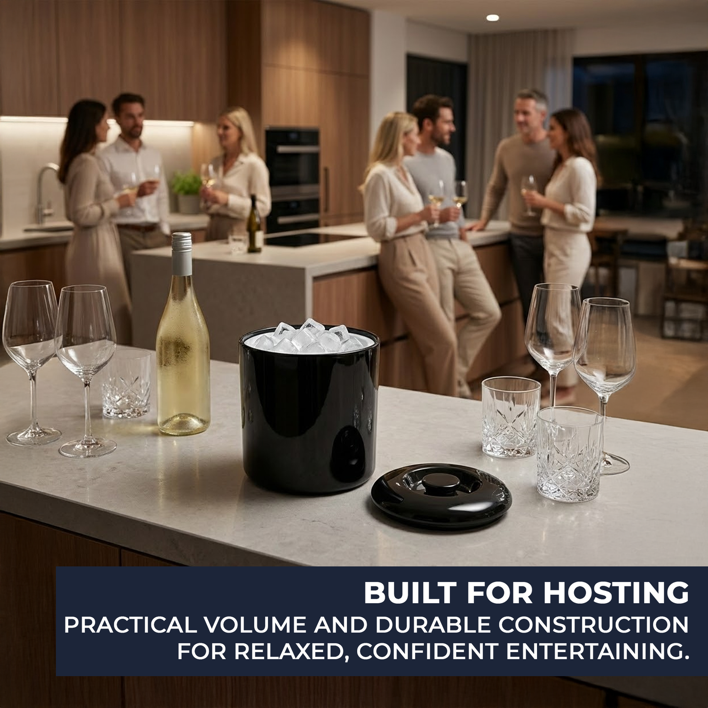 Black round cocktail ice bucket with lid for garden parties and events