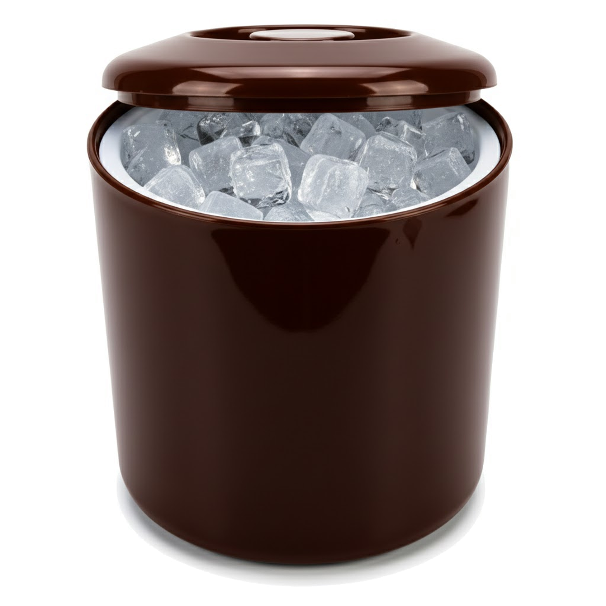 Brown plastic ice bucket with removable lid for drinks stations and parties