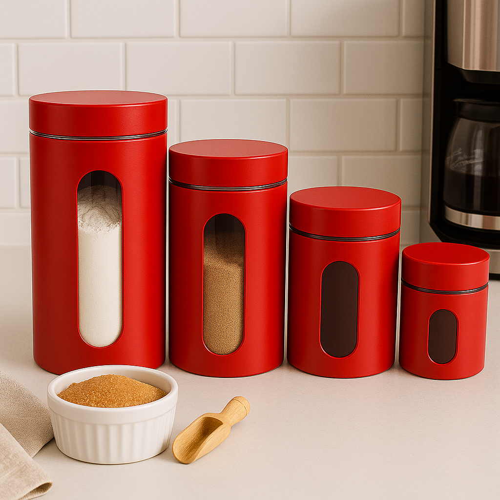 Stainless Steel Cannister with Glass Window & Airtight Lid, Cherry (4 piece) - Premium Food Storage Boxes from Chabrias Ltd - Just £27.99! Shop now at Chabrias Ltd