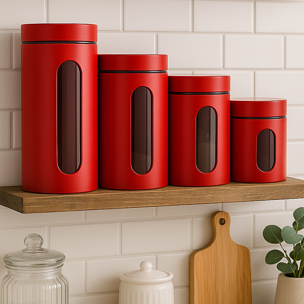Stainless Steel Cannister with Glass Window & Airtight Lid, Cherry (4 piece) - Premium Food Storage Boxes from Chabrias Ltd - Just £27.99! Shop now at Chabrias Ltd