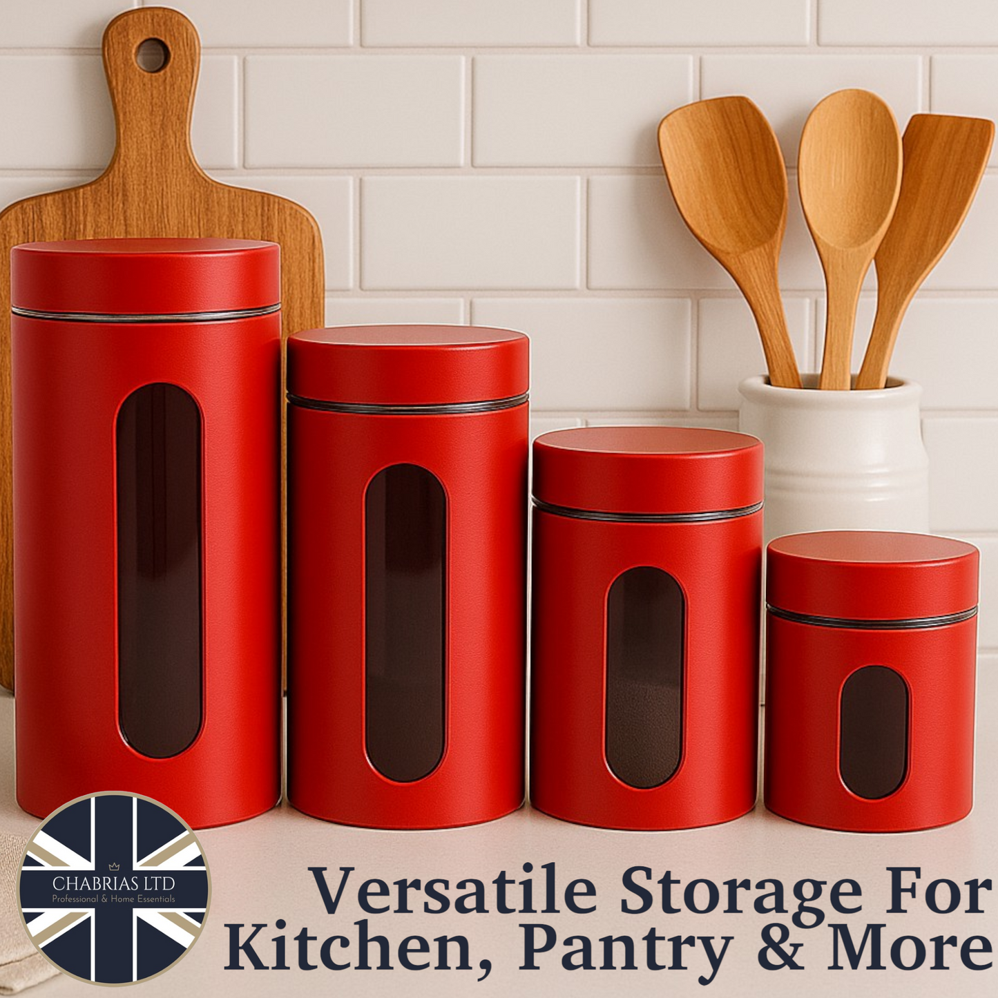 Stainless Steel Cannister with Glass Window & Airtight Lid, Cherry (4 piece) - Premium Food Storage Boxes from Chabrias Ltd - Just £27.99! Shop now at Chabrias Ltd