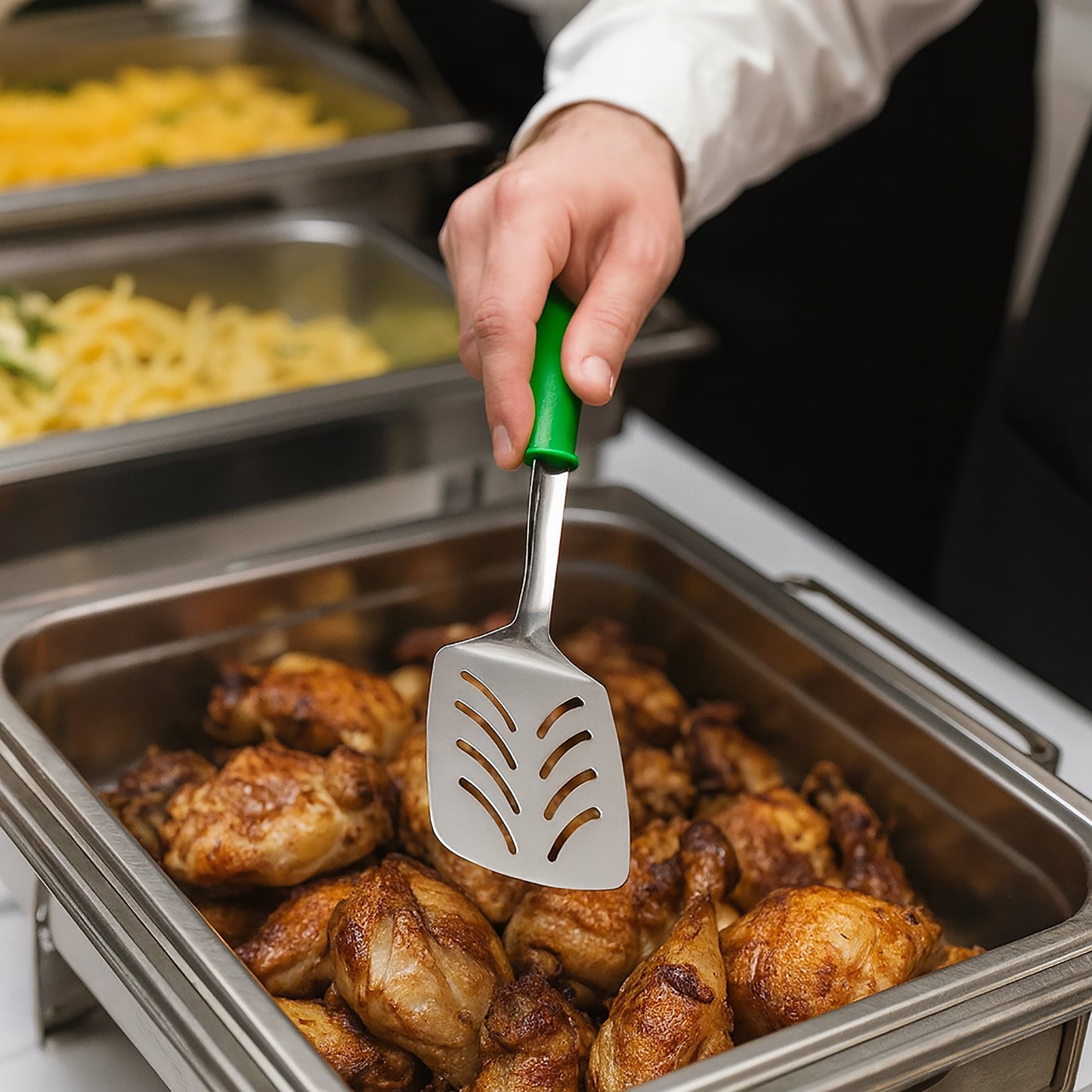 Le Buffet Slotted Turner Set – Stainless Steel with Heat-Resistant Handle (Green & Black) - Premium Kitchen from Chabrias Ltd - Just £15.99! Shop now at Chabrias Ltd