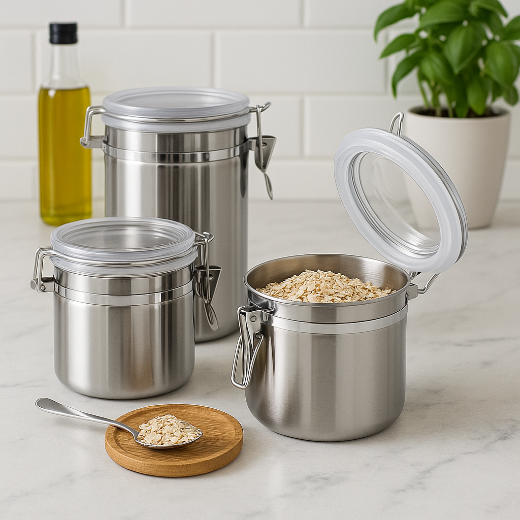 Round Stainless Steel Jar with Acrylic Lid & Lock (4 pack) - Premium Food Storage Boxes from Chabrias Ltd - Just £44.99! Shop now at Chabrias Ltd