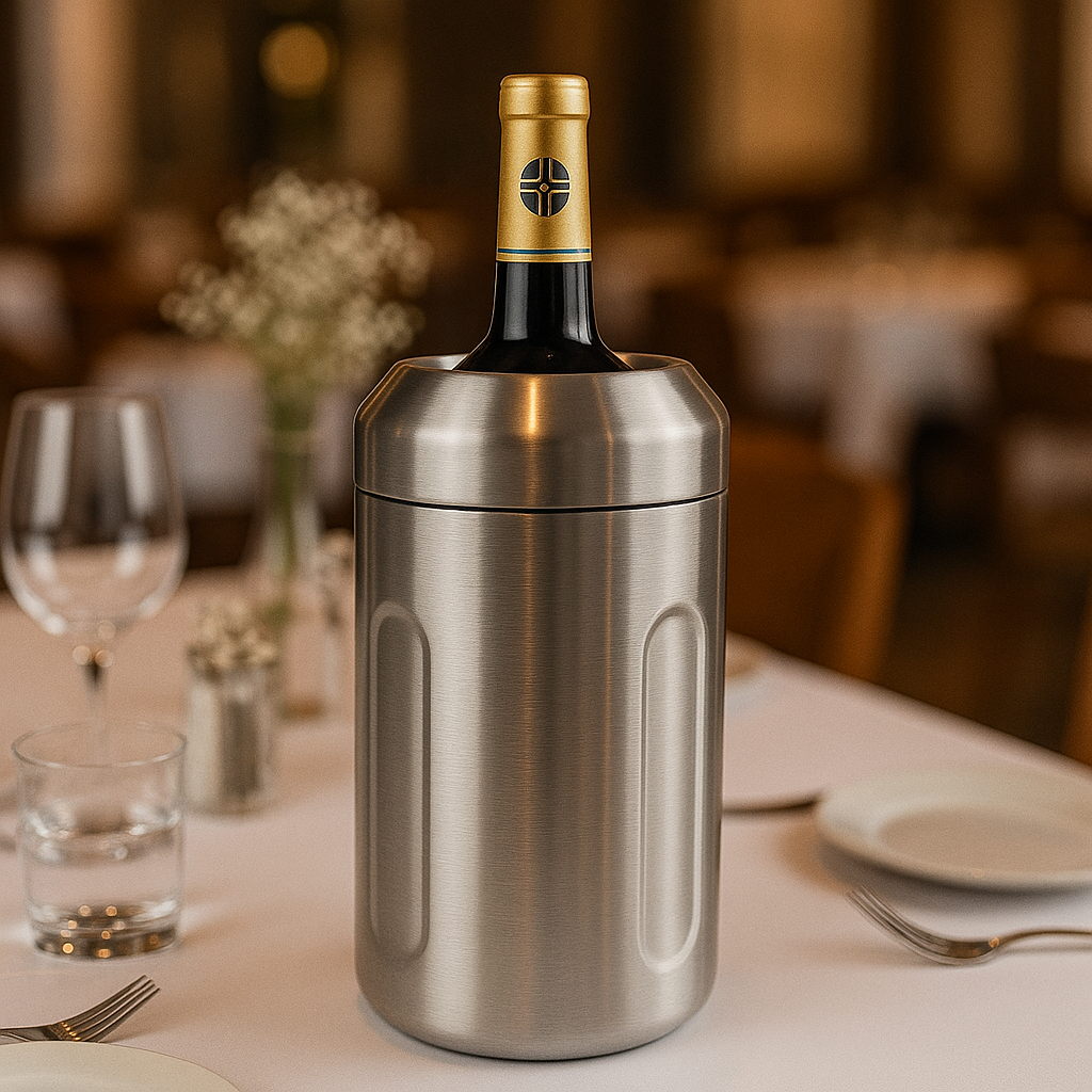 Stainless steel iceless wine cooler keeping bottle chilled on dining table