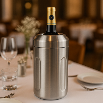 Stainless steel iceless wine cooler keeping bottle chilled on dining table