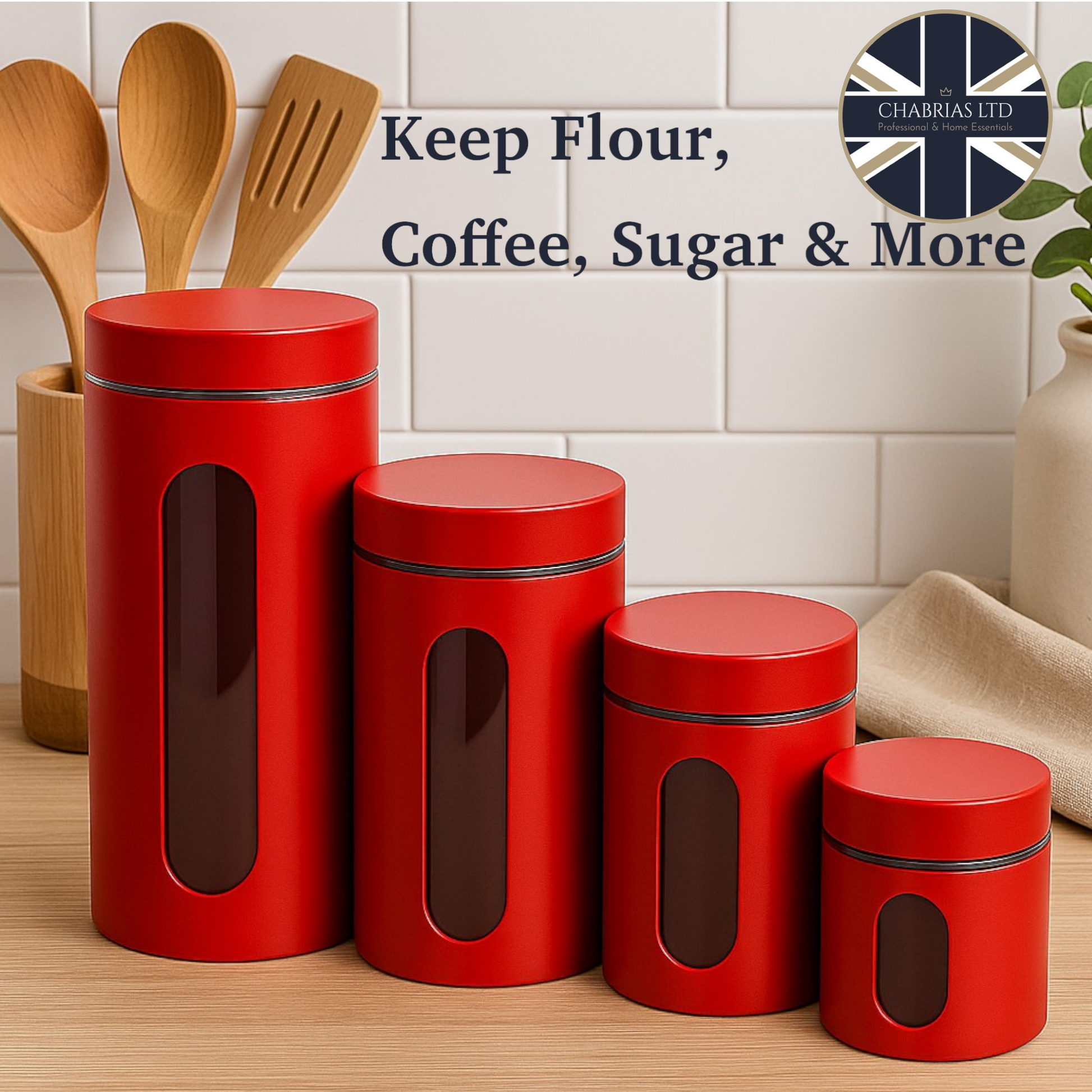 Stainless Steel Cannister with Glass Window & Airtight Lid, Cherry (4 piece) - Premium Food Storage Boxes from Chabrias Ltd - Just £27.99! Shop now at Chabrias Ltd