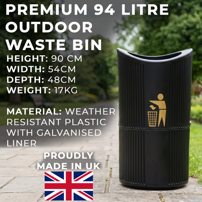 94 Litre Outdoor Open Litter Bin with Galvanised Steel Liner - Heavy Duty Weatherproof Public Street Waste Bin - UK Made