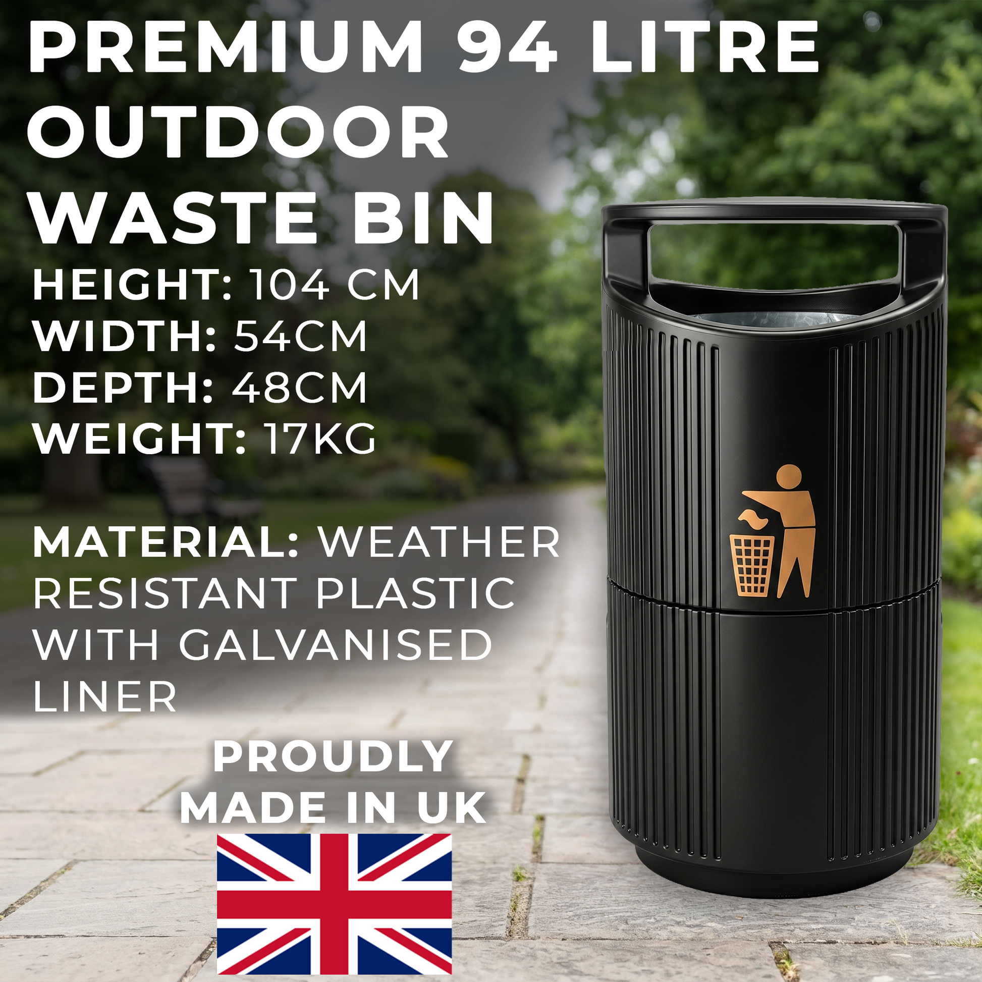 Heavy duty outdoor rubbish bin with weather resistant polyethylene body