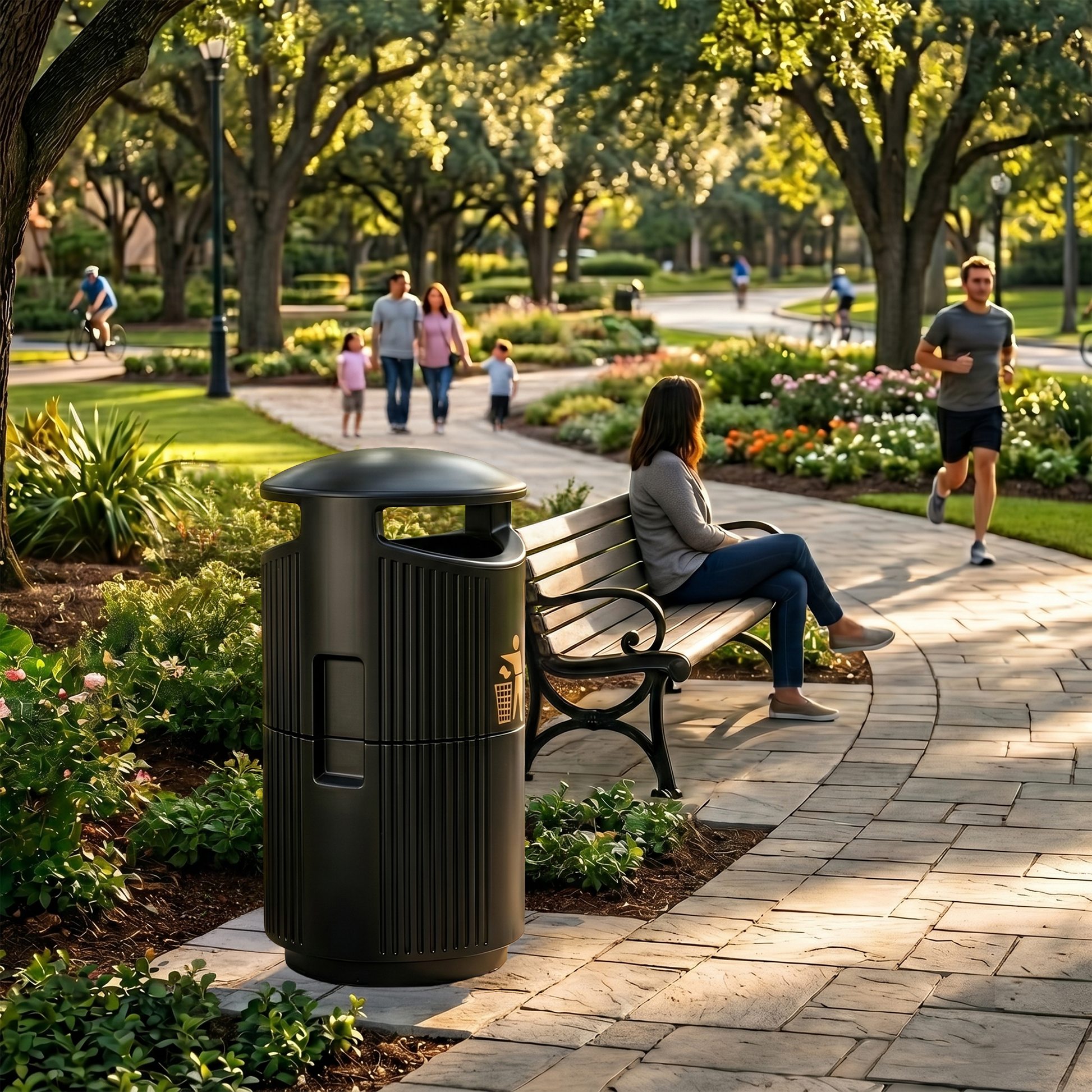 Outdoor waste management bin with hooded rain protection design