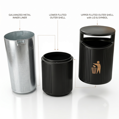 Large capacity outdoor waste bin suitable for public spaces