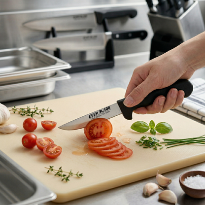Person using a Ever Blade knife to slice tomatoes on a cutting board in a kitchen.