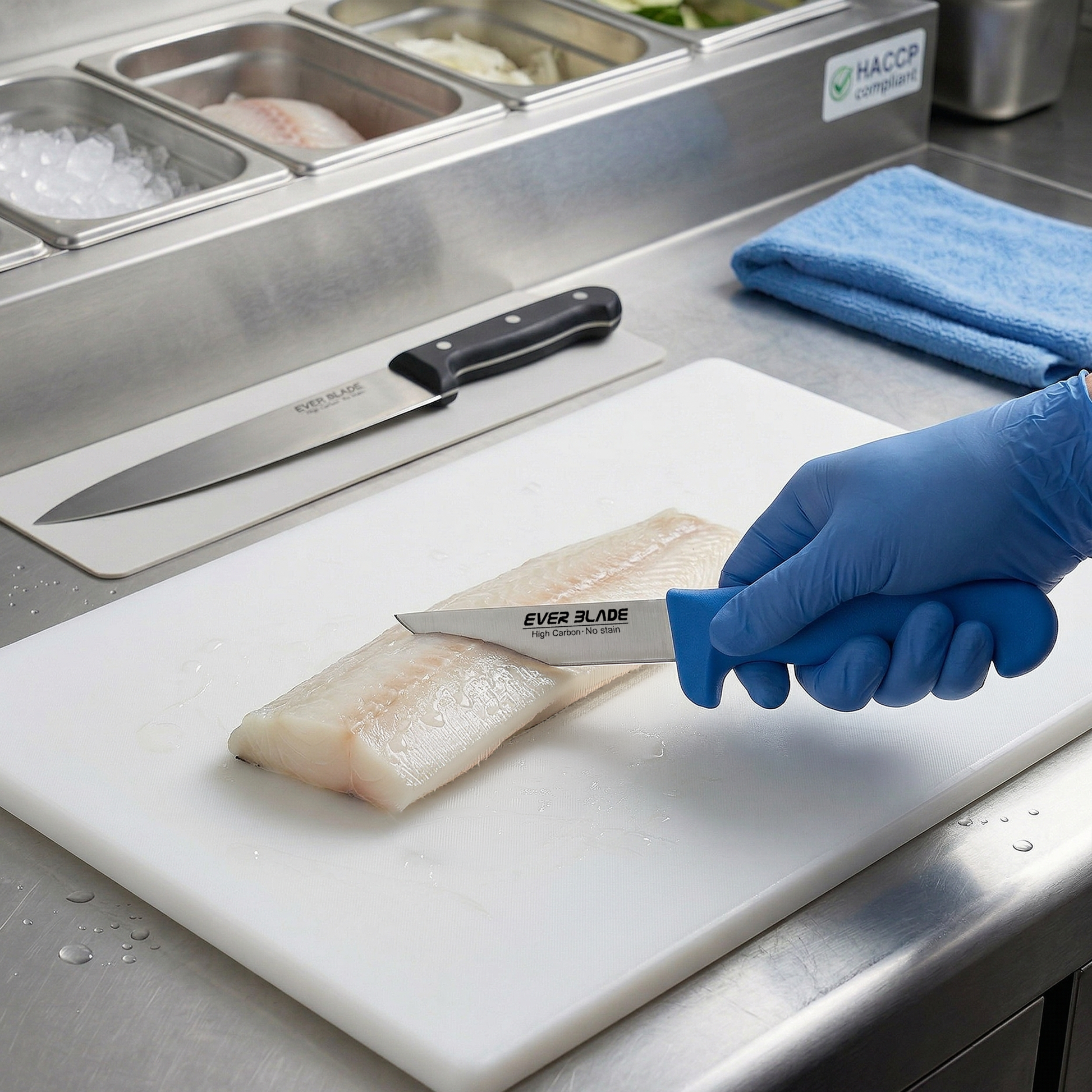 Person cutting fish fillet on a cutting board with a knife, wearing blue gloves in a kitchen setting.