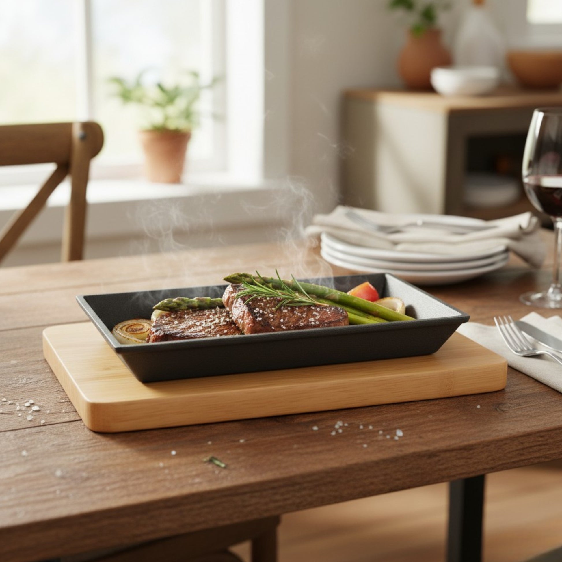 Pro Cast Iron Sizzling Dish with Wooden Serving Base, 25 x 18cm - Premium Kitchen from Chabrias Ltd - Just £24.99! Shop now at Chabrias Ltd
