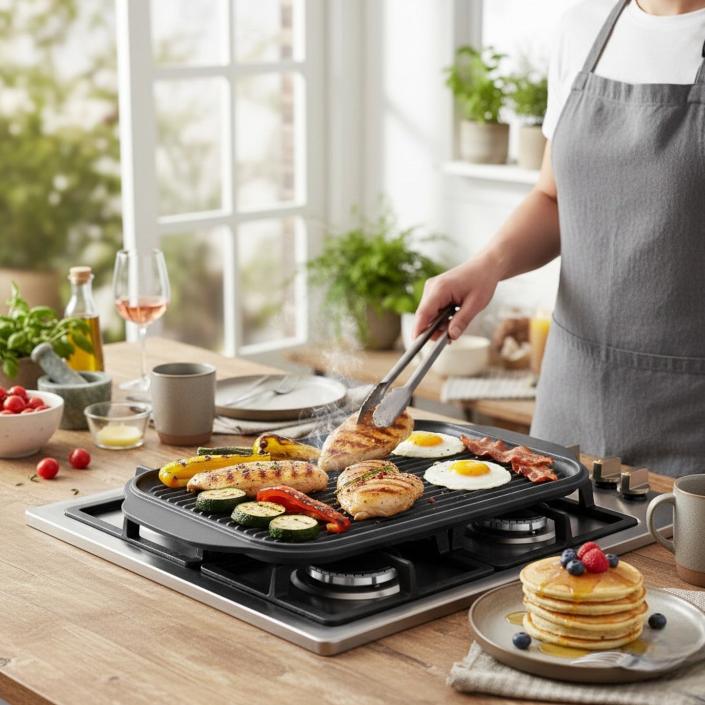 Heavy duty cast iron reversible grill pan tray for family cooking
